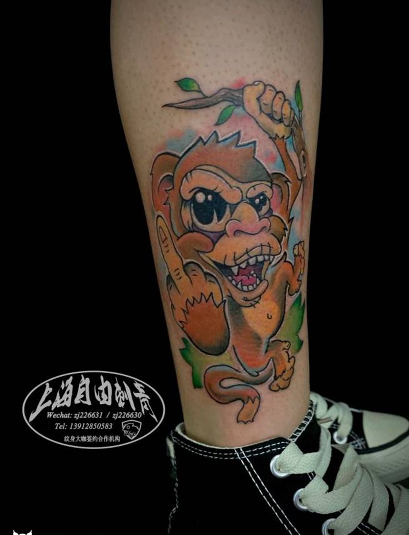 猴纹身图片_腿部New School猴子纹身图案