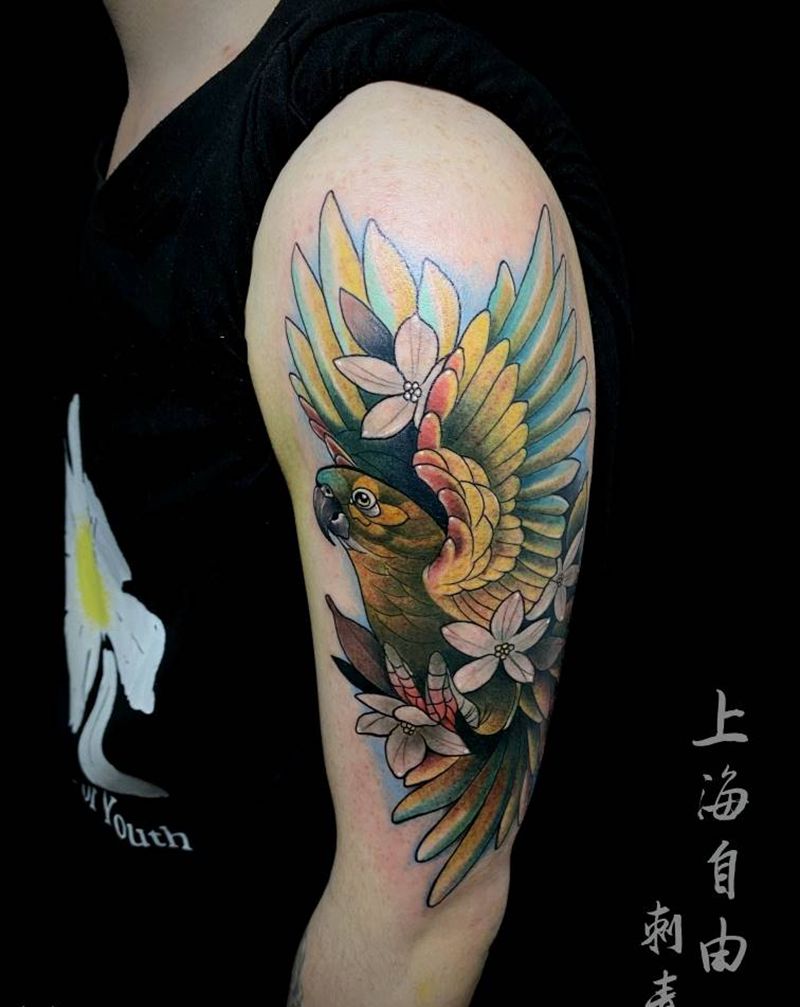 鹦鹉纹身图片_手臂欧美写实水彩鹦鹉纹身图案