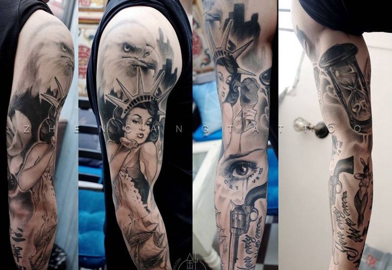 奇卡诺全臂纹身图片_成品手臂欧美原创针藏刺青纹身图案