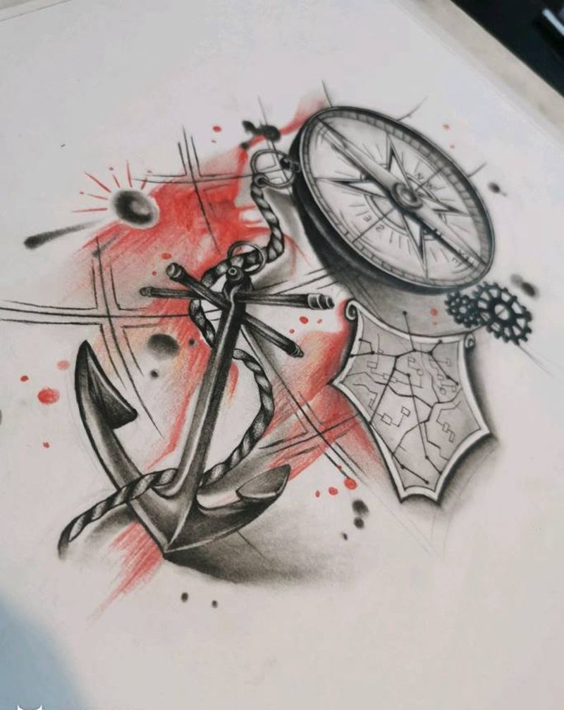 启航纹身图片_腿部欧美写实指南针船锚纹身图案