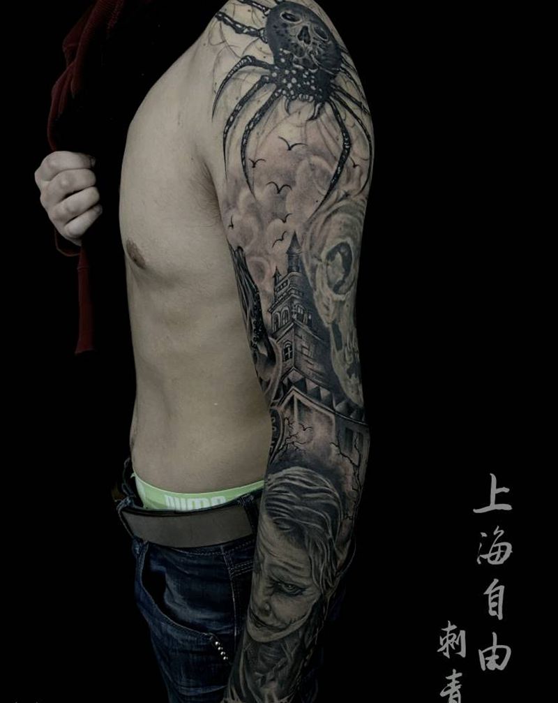 古堡迷踪纹身图片_手臂欧美写实蜘蛛骷髅小丑纹身图案