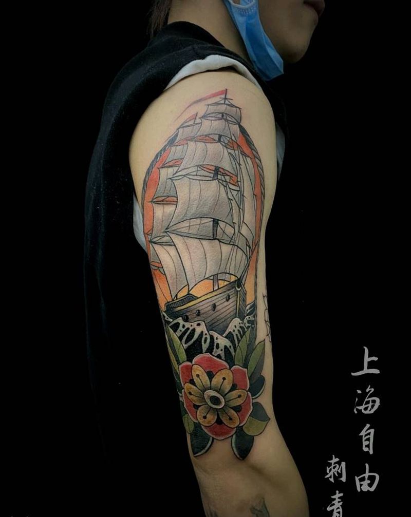 帆船纹身图片_手臂New School帆船纹身图案