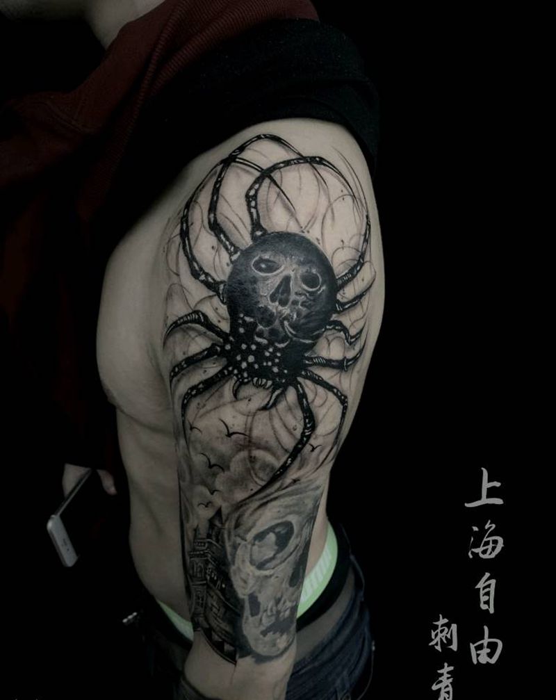 蜘蛛纹身图片_手臂欧美写实蜘蛛纹身图案