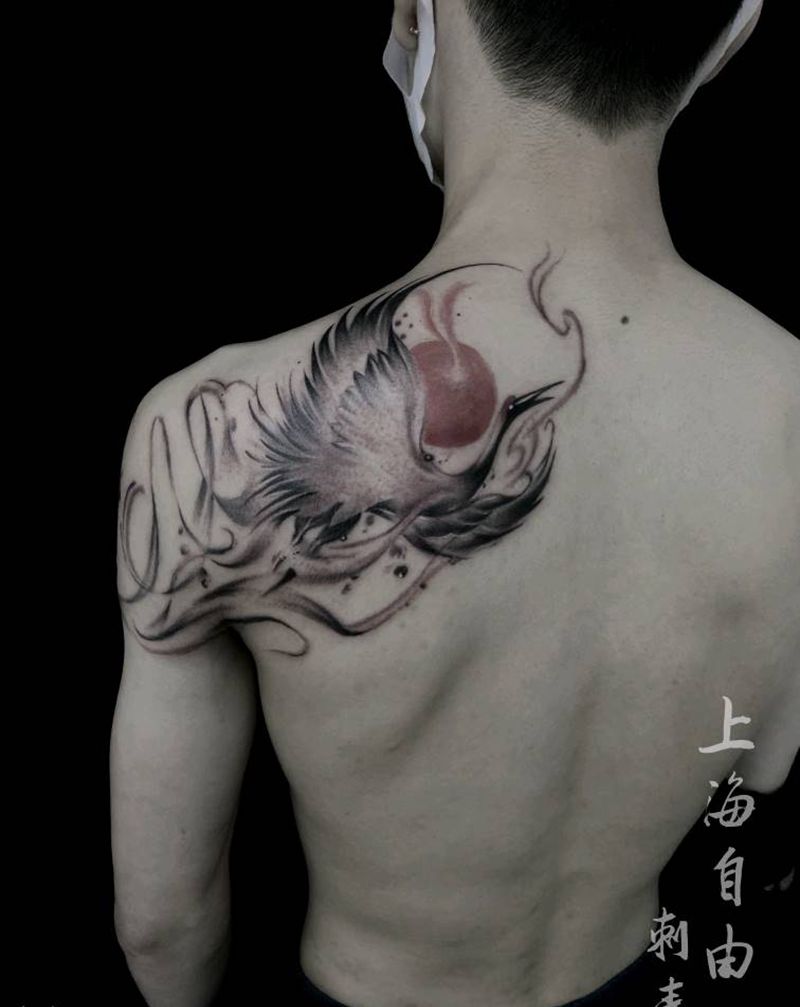 仙鹤纹身图片_背部水墨仙鹤纹身图案