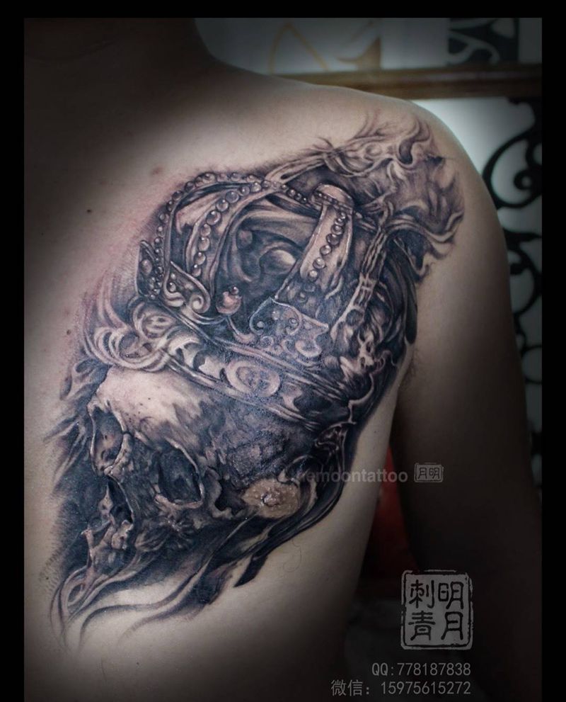 骷髅王遮盖纹身图片_人物成品胸部欧美写实肖像明月中国纹身图案
