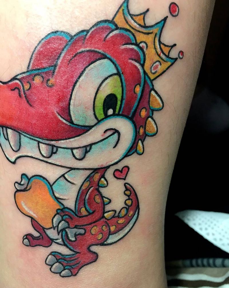 爱喷火的小恐龙纹身图片_成品腿部欧美清新动物原创卡通纹身图案