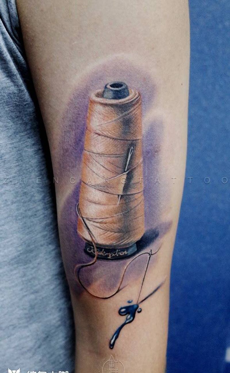 线轴纹身图片_成品手臂写实原创静物邵钢针藏刺青纹身图案
