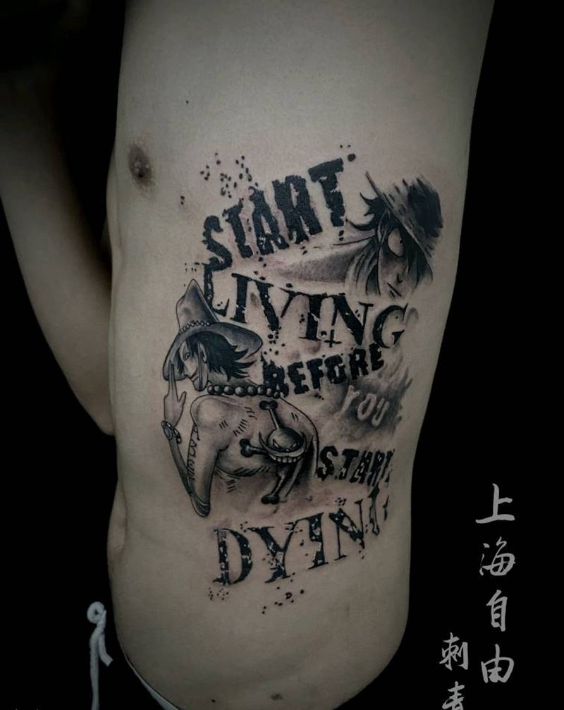 海贼王纹身图片_腹部腰部欧美写实图腾海贼王路飞艾斯纹身图案