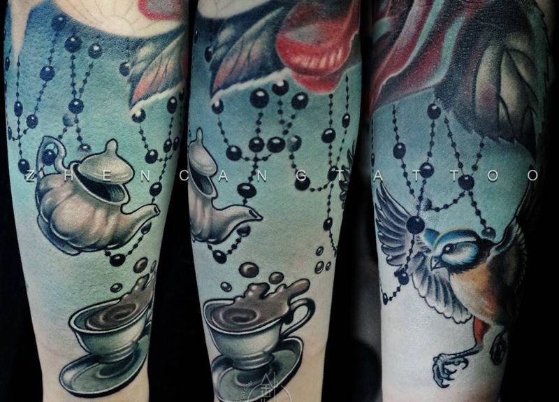 爱丽丝的下午茶时间纹身图片_成品手臂写实原创针藏刺青邵钢纹身图案