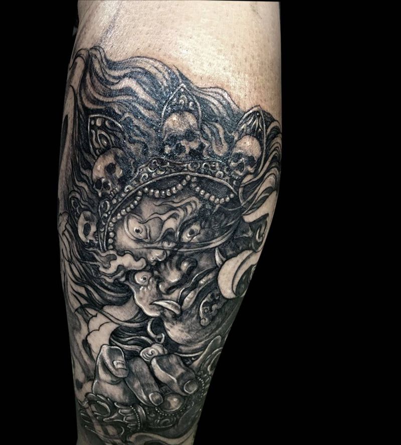 大黑天纹身图片_成品肖像传统腿部宗教人物纹身图案