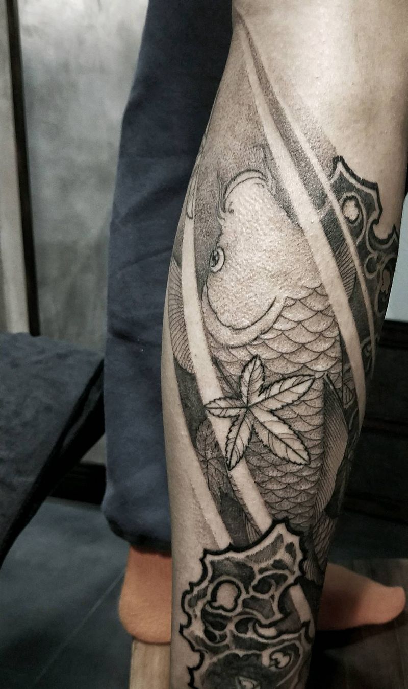 锦鲤纹身图片_腿部汉刺青中国风纹身图案