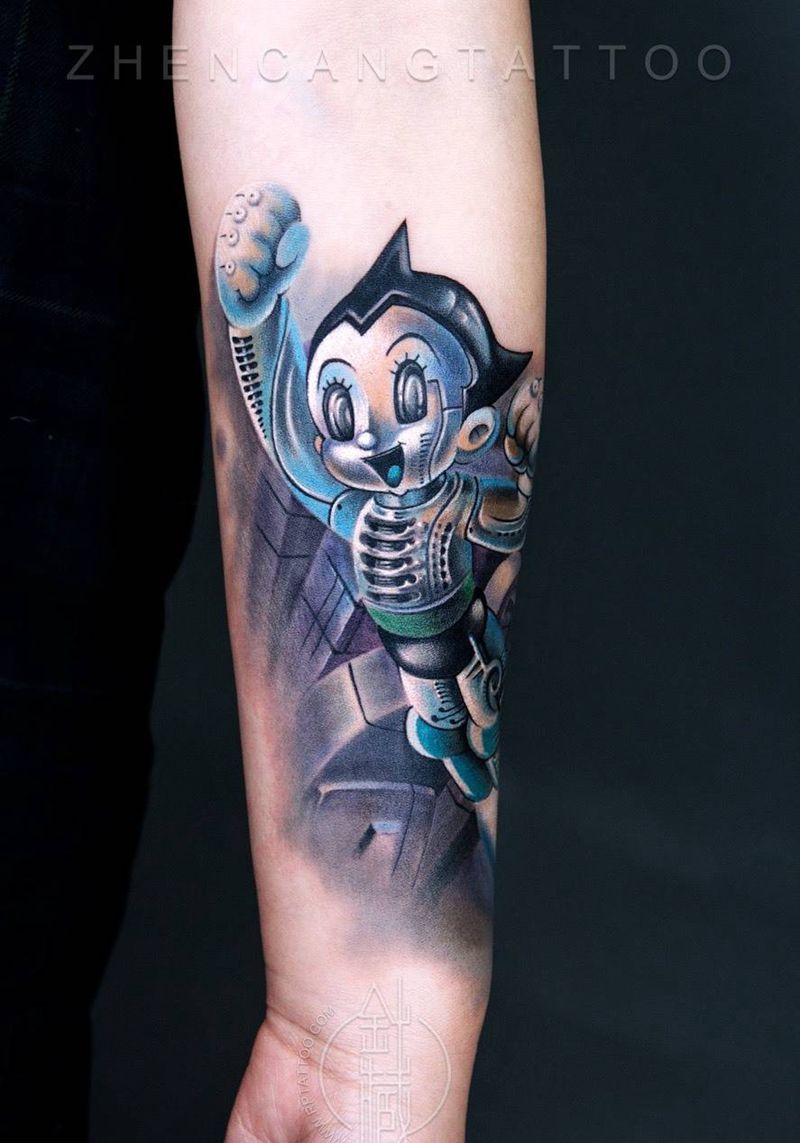 阿童木纹身图片_成品手臂欧美写实人物机械纹身图案