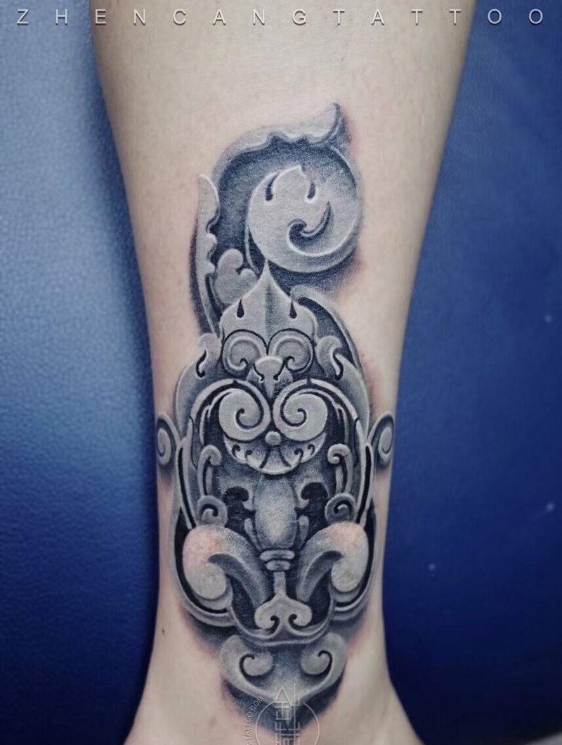 吴哥窟| 针藏刺青 ·邵钢· 作品纹身图片_成品脚部腿部写实针藏刺青邵钢纹身图案