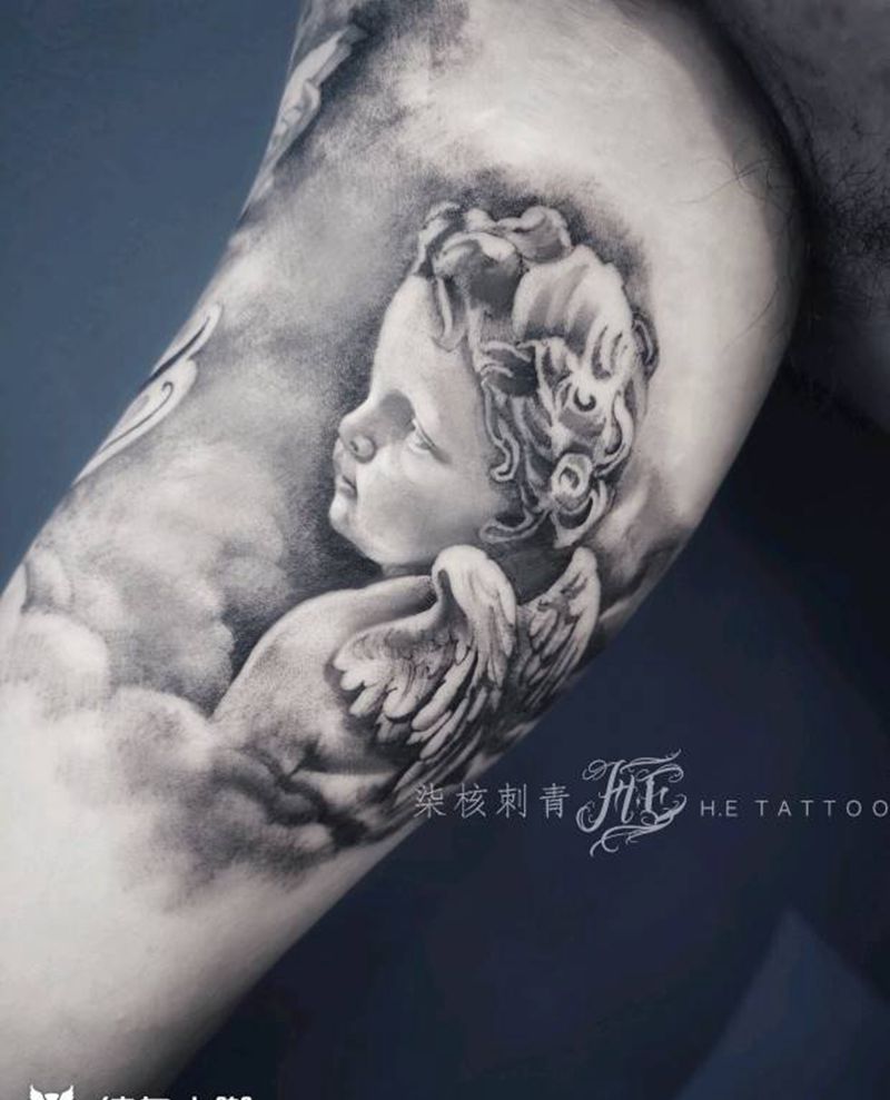 天使纹身图片_手臂欧美写实丘比特纹身图案