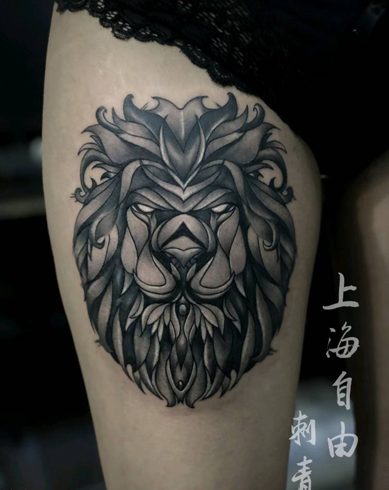 狮子纹身图片_腿部欧美写实狮子纹身图案