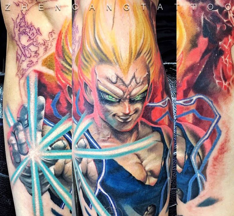 超级英雄全臂 【第一章】贝吉塔 | 针藏刺青 ·邵钢· 未完成纹身图片_成品手臂写实人物针藏刺青邵钢纹身图案