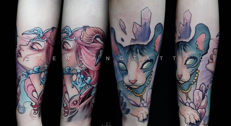 魔女与猫纹身图片_成品手臂欧美人物动物原创针藏刺青纹身图案