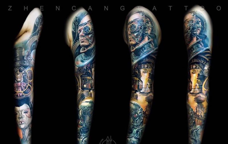 朋克系列 · 全臂 | 针藏刺青 ·邵钢· 作品纹身图片_成品手臂写实欧美原创人物针藏刺青邵钢纹身图案