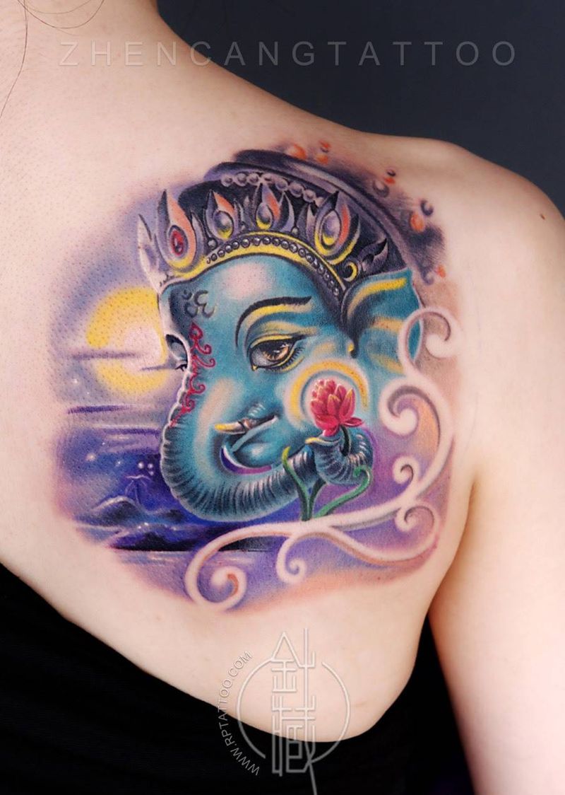 针藏刺青纹身作品纹身图片_成品背部欧美写实象神纹身图案