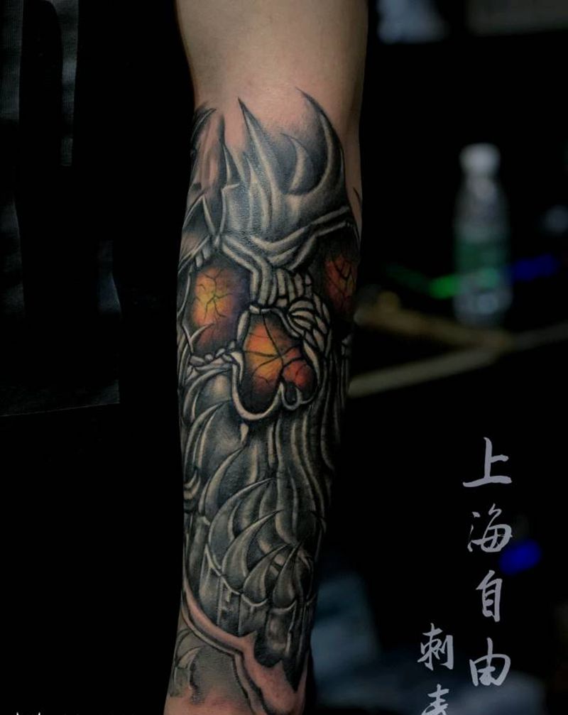 重彩骷髅二郎狗暴力遮盖纹身图片_手臂欧美写实遮盖纹身图案
