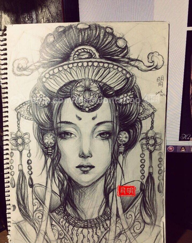 明月艺伎纹身图片_手稿人物原创艺伎明月艺伎明月中国传统肖像纹身图案