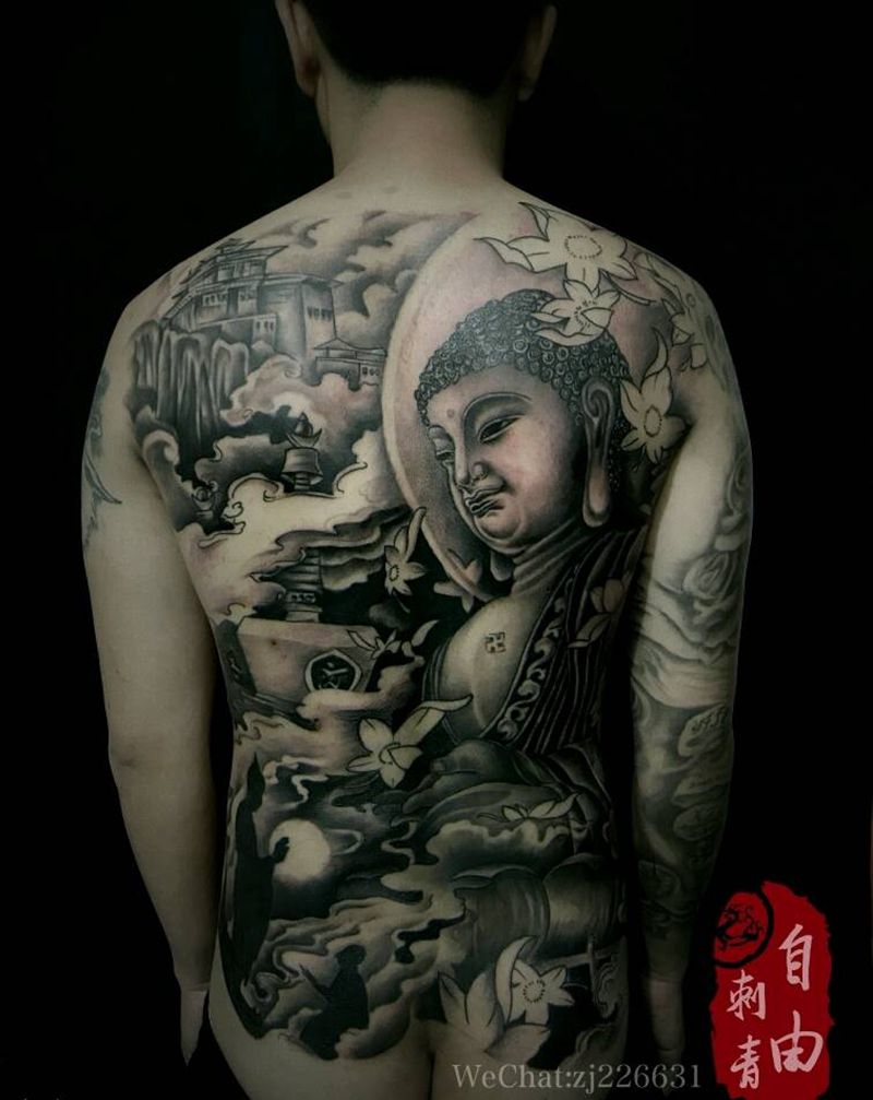 大日如来纹身图片_背部新传统佛纹身图案