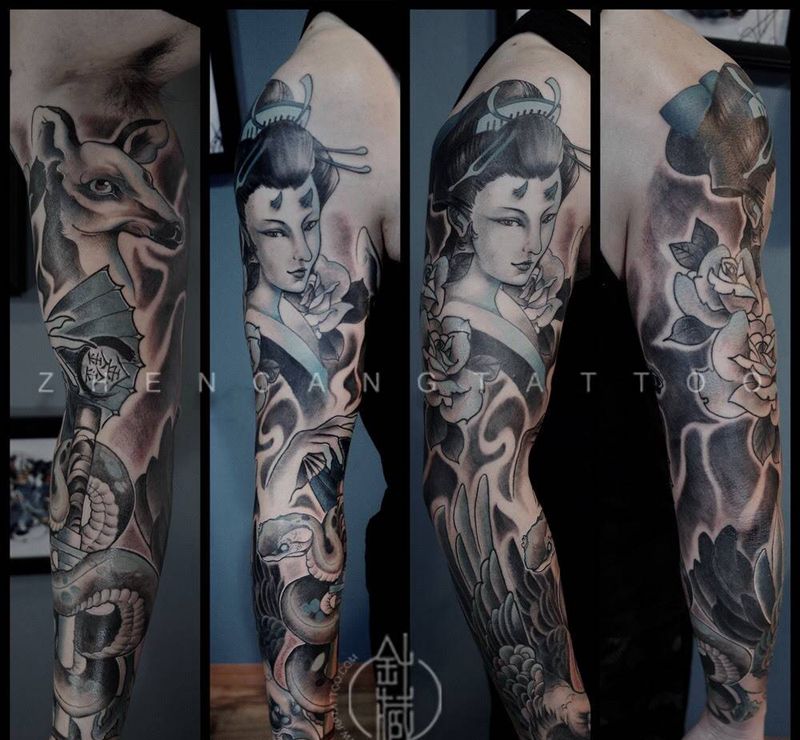 艺妓乌鸦纹身图片_成品手臂动物人物原创针藏刺青纹身图案