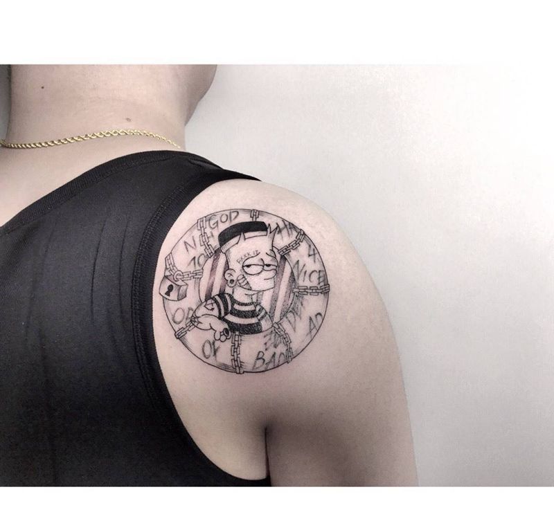 原创手稿 恶搞辛普森纹身图片_成品手臂背部欧美原创卡通几何静物纹身图案