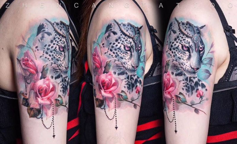 雪豹 | 针藏刺青 ·邵钢· 作品纹身图片_成品手臂写实欧美清新动物原创针藏刺青邵钢纹身图案
