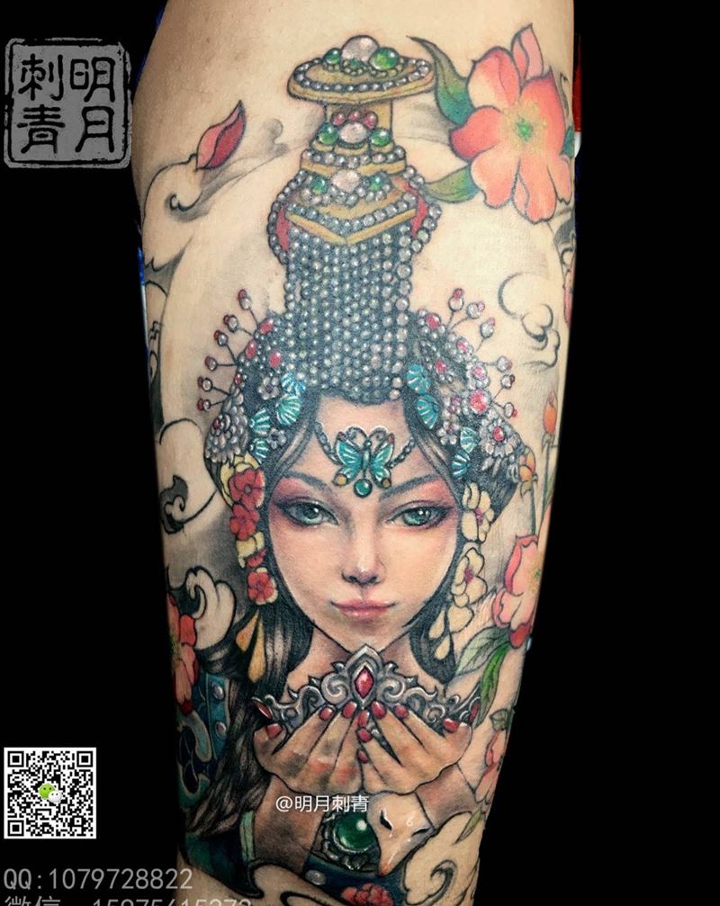 明月刺青-花旦纹身图片_成品腿部传统肖像国画原创明月艺伎明月中国艺伎人物纹身图案