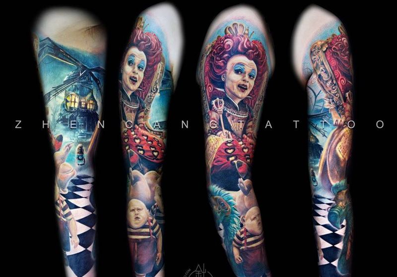 爱丽丝梦游仙境 全臂 | 针藏刺青邵钢纹身作品纹身图片_成品手臂写实人物针藏刺青邵钢纹身图案