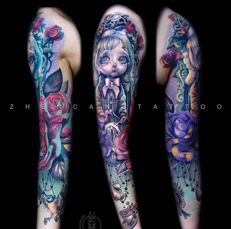 鬼娃娃的下午茶纹身图片_成品手臂写实原创邵钢针藏刺青人物纹身图案