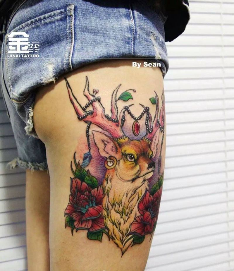 玫瑰与鹿纹身图片