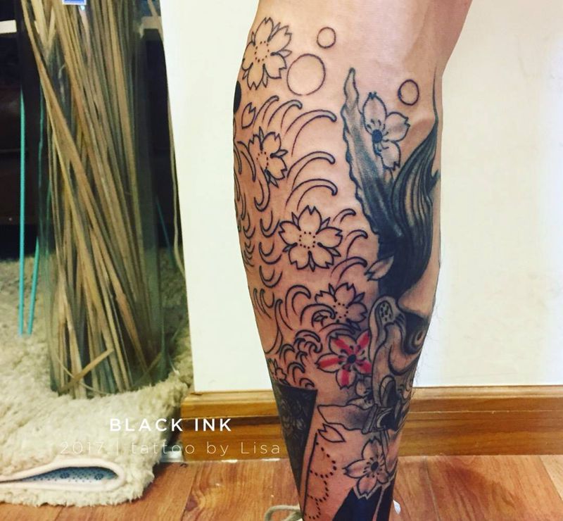 包小腿（未完成）纹身图片_成品腿部传统原创鬼神图腾纹身图案