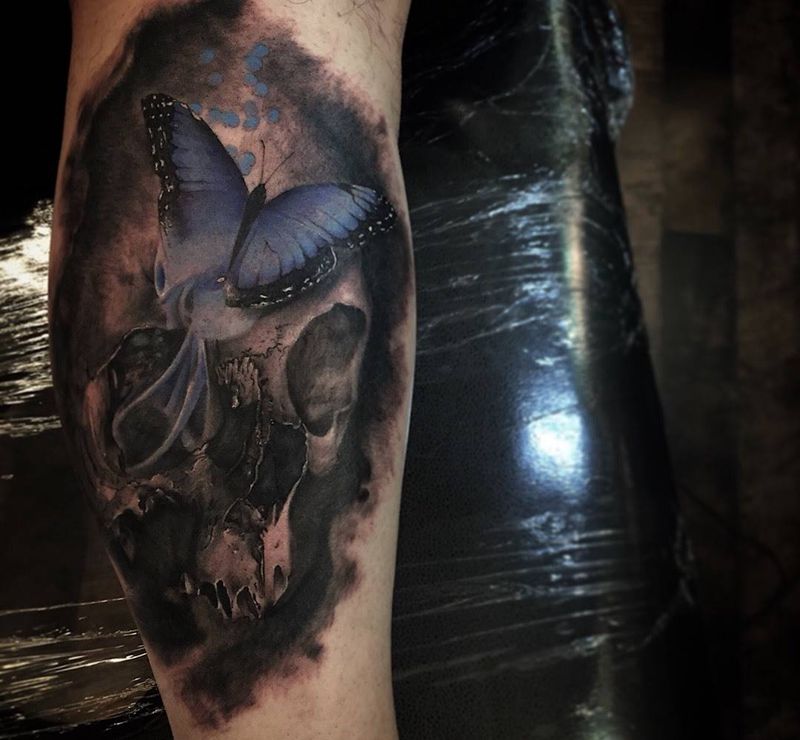 暗黑写实骷髅纹身图片_成品手臂腿部写实欧美原创骷髅黑灰写实纹身图案