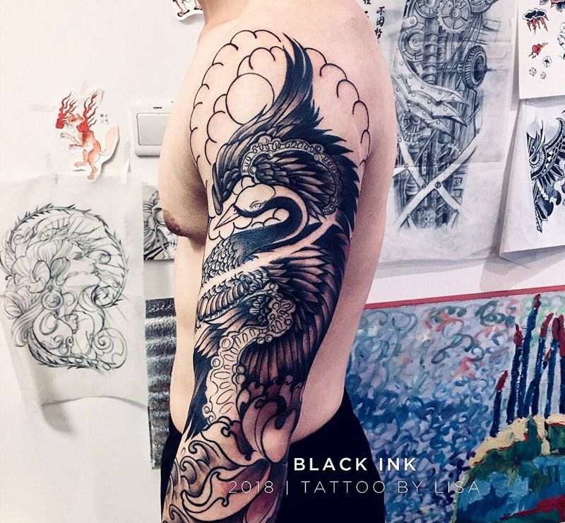 新传统七分臂（未完成）纹身图片_成品手臂传统动物原创植物纹身图案