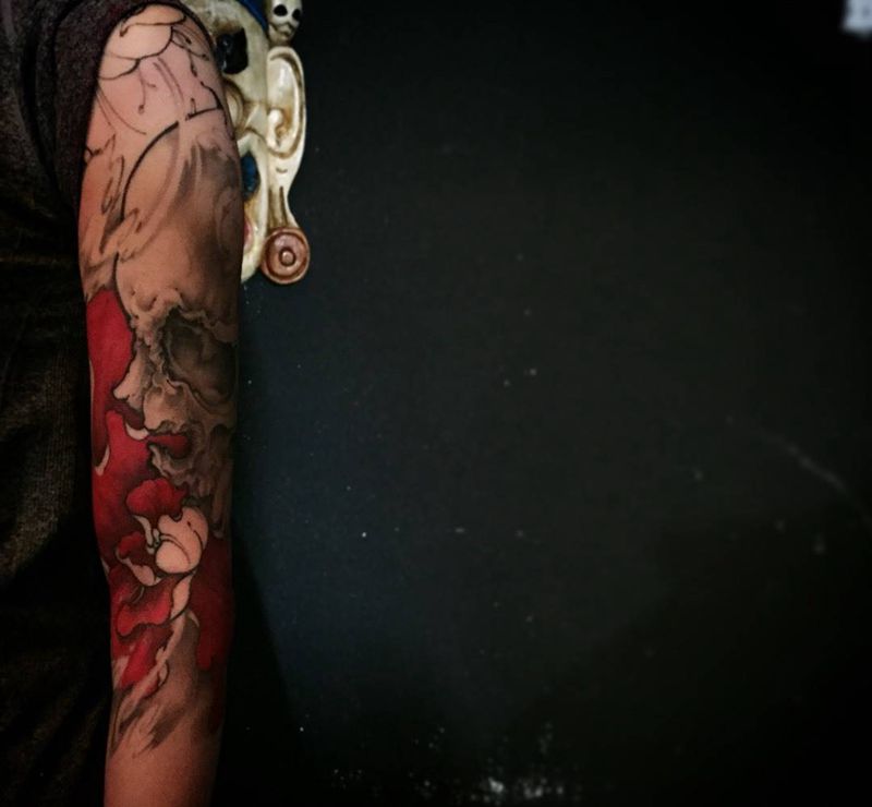 骷髅牡丹纹身图片_成品手部传统鬼神植物原创纹身图案