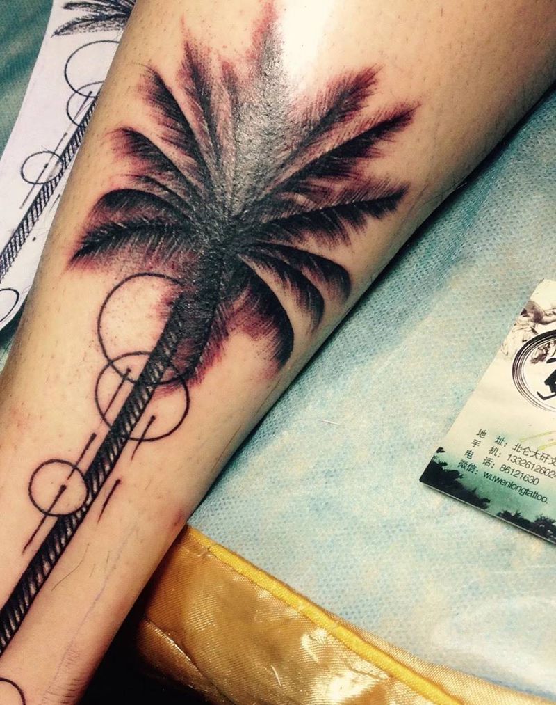 椰树纹身图片_成品腿部传统植物纹身图案