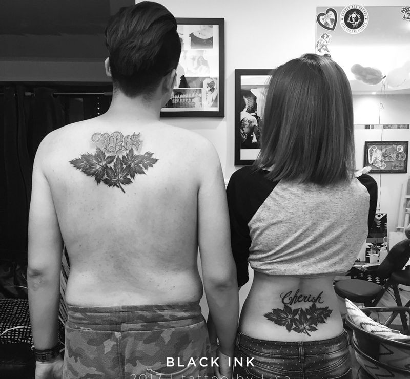 情侣刺青纹身图片_成品腰部背部欧美字符植物原创纹身图案