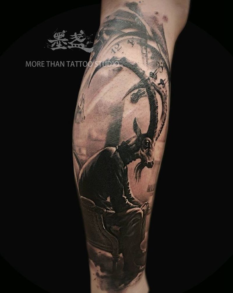 思考者纹身图片_腿部欧美写实公羊纹身图案