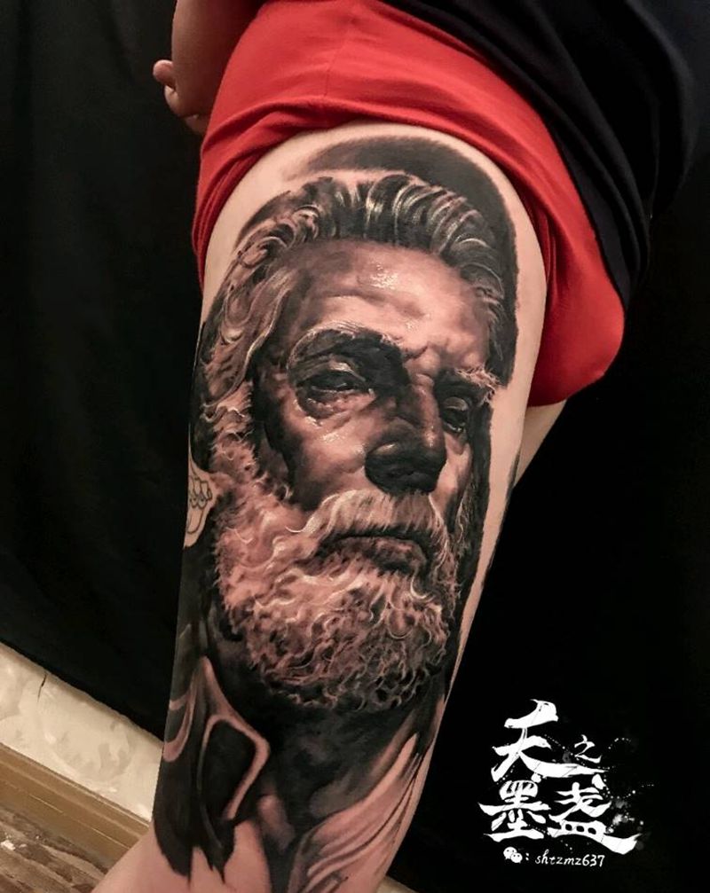 有故事的花腿纹身图片_腿部欧美肖像写实人物纹身图案