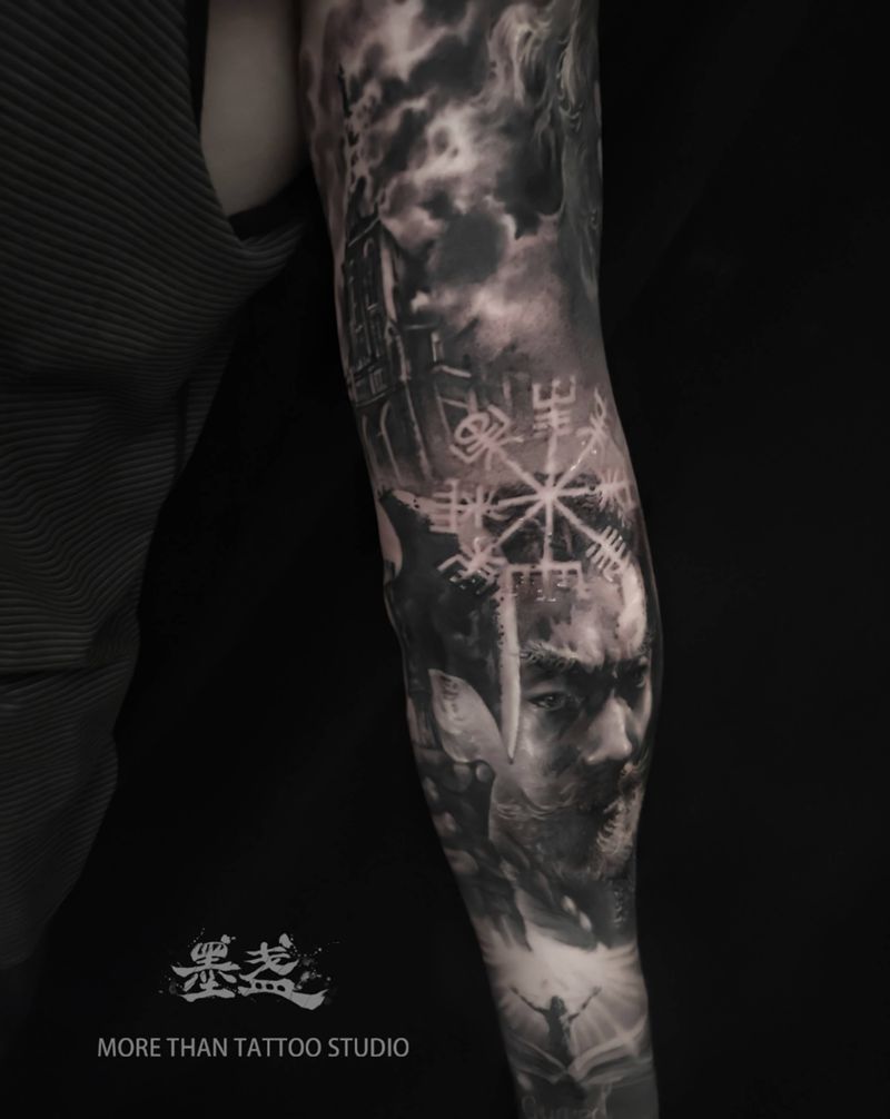 花臂纹身图片_手臂欧美写实黑灰纹身图案