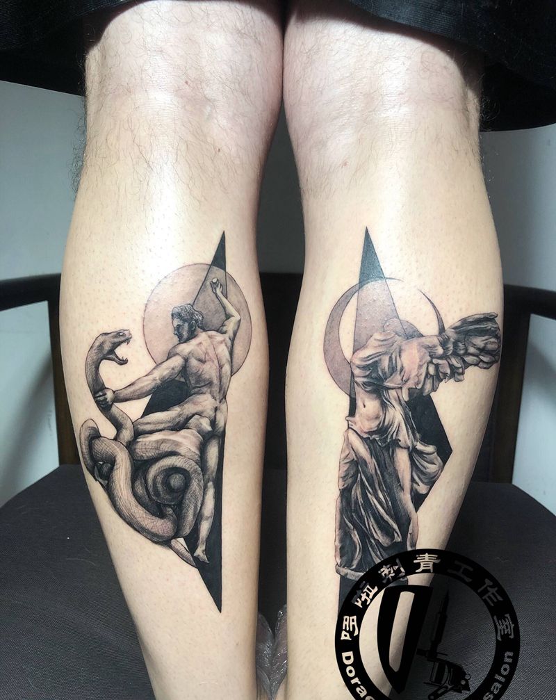 雕塑纹身图片_腿部几何欧美写实纹身图案