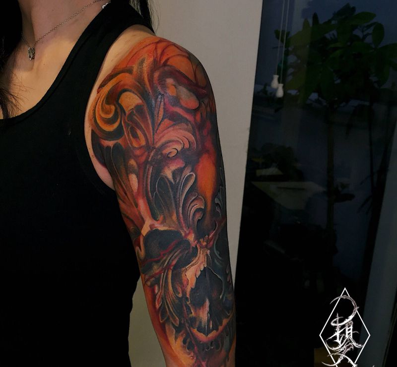 彩色写实骷髅纹身图片_手臂手部欧美写实骷髅花纹身图案