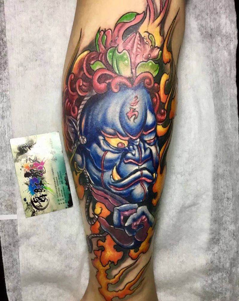 大黑天纹身图片_腿部New School人物纹身图案