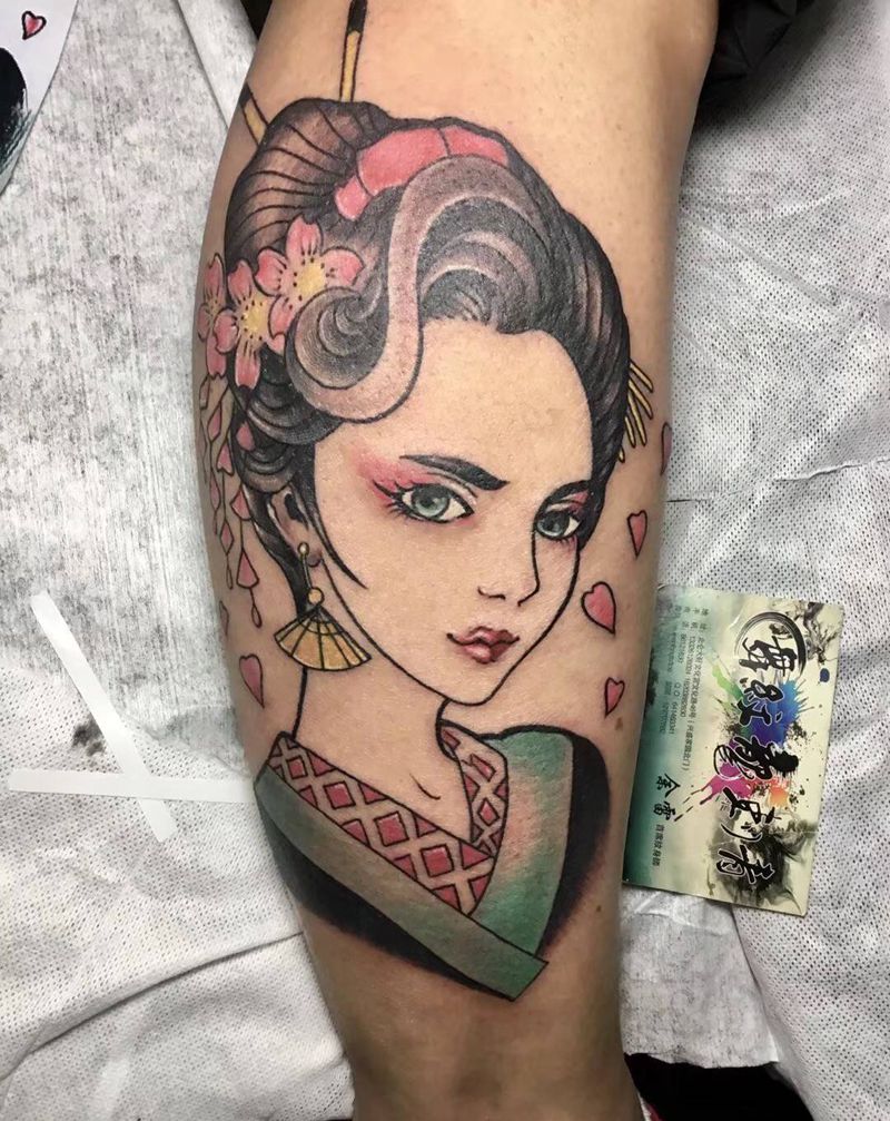 艺妓纹身图片_腿部新传统老传统纹身图案