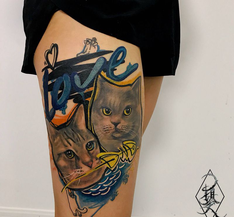 彩色遮盖纹身图片_腿部手臂欧美写实猫彩色纹身图案