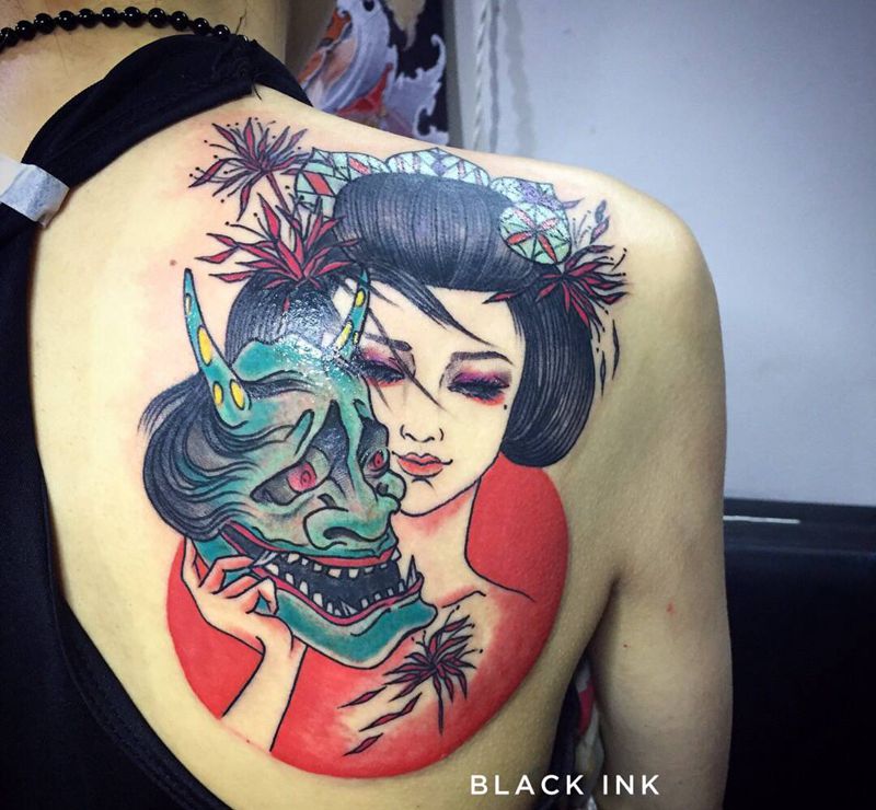 艺妓遮盖纹身图片_背部欧美写实New School纹身图案