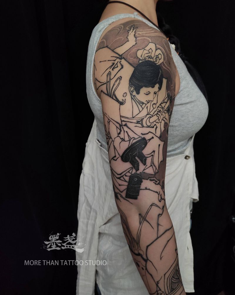 源义经与武藏坊弁庆不得不说的事纹身图片_手臂新传统黑灰纹身图案