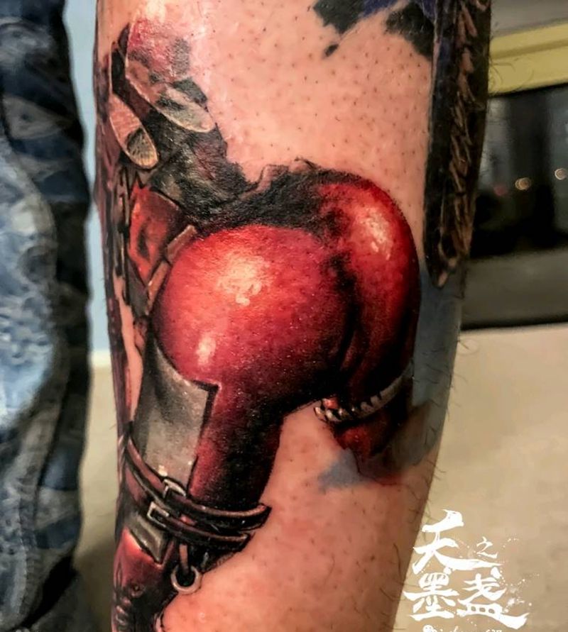 死侍纹身图片_腿部欧美写实漫威纹身图案